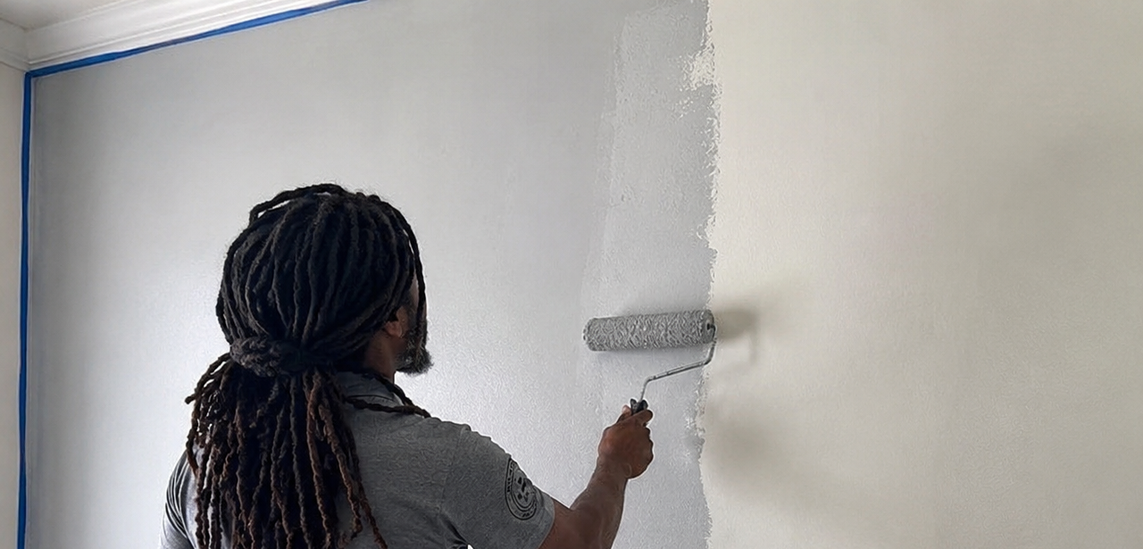 Hamilton Helping Hands painter rolling fresh white paint on an interior accent wall in metro Atlanta