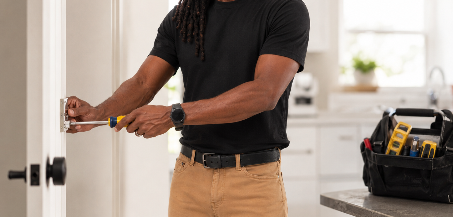 Hamilton Helping Hands handyman installing a door lock with a screwdriver inside a metro Atlanta home