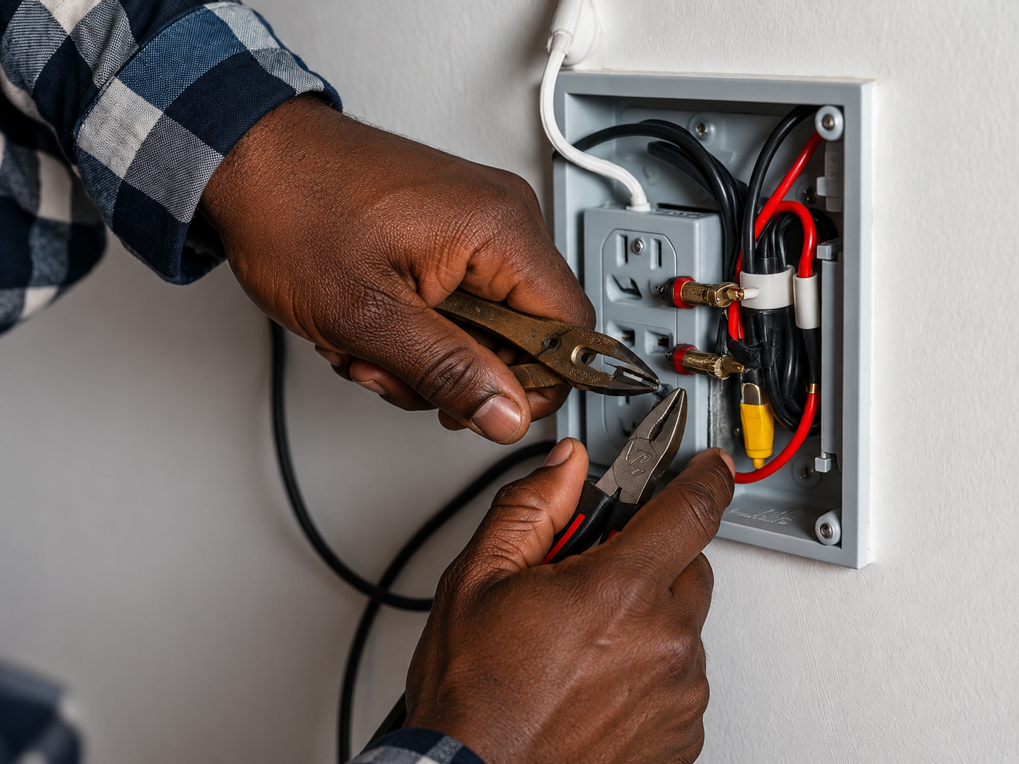 Hamilton Helping Hands handyman wiring an electrical outlet box during a troubleshooting call in metro Atlanta